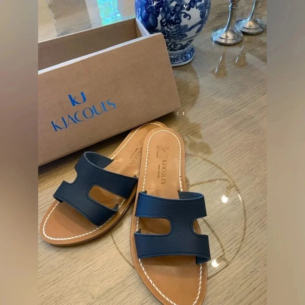 KJacques Navy Blue Leather Menandre Sandals Size 37 or 6.5 US - Picture 1 of 4